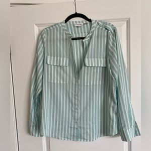 Calvin Klein teal and white striped button up blouse